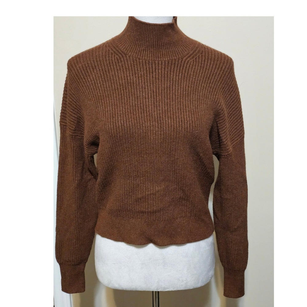 J.Crew Brown Ribbed Mock Neck Sweater Drop Shoulder Viscose Blend Crop Knit
